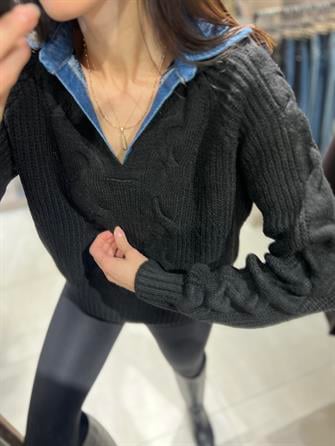 Kot Yaka Saç Örgü Kazak Siyah STD