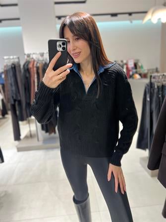 Kot Yaka Saç Örgü Kazak Siyah STD