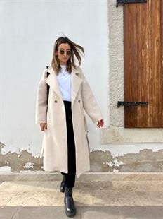 Krem Beyaz Balık Sırtı Desen Kaban