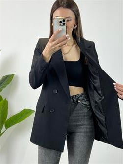 Kruvaze Düğmeli Siyah Blazer Ceket 
