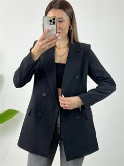 Kruvaze Düğmeli Siyah Blazer Ceket 
