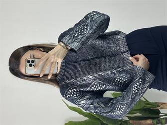 Lacivert Varaklı Parçalı Kazak