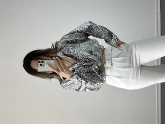 Leopar Desen Gri Saten Gömlek