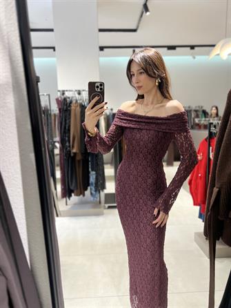 Madonna Yaka Dantel Elbise MÜRDÜM