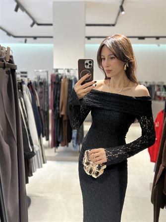 Madonna Yaka Dantel Elbise SİYAH