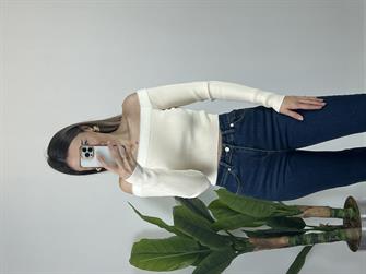 Madonna Yaka Kürklü Crop Krem Kazak