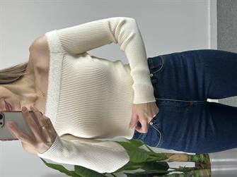 Madonna Yaka Kürklü Crop Krem Kazak