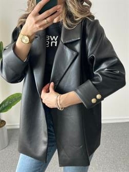 Manşet Detay Gold Düğmeli Siyah Deri Blazer Ceket