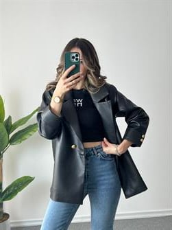 Manşet Detay Gold Düğmeli Siyah Deri Blazer Ceket