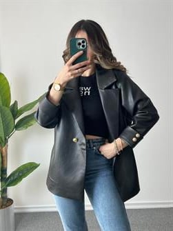 Manşet Detay Gold Düğmeli Siyah Deri Blazer Ceket