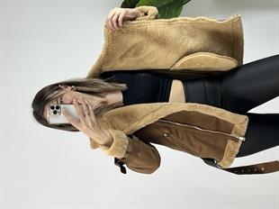 Marka Muadili Koyu Kahve Uzun Biker Mont