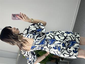 Mavi Desenli Balon Kol Elbise