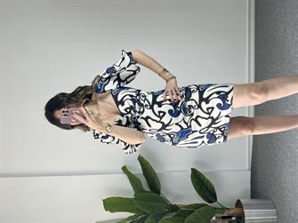 Mavi Desenli Balon Kol Elbise