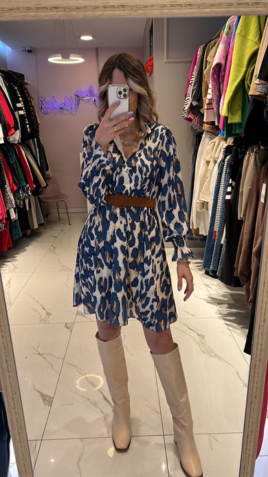 Mavi Şifon Kemerli Elbise