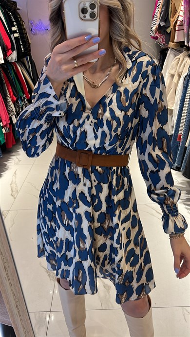 Mavi Şifon Kemerli Elbise