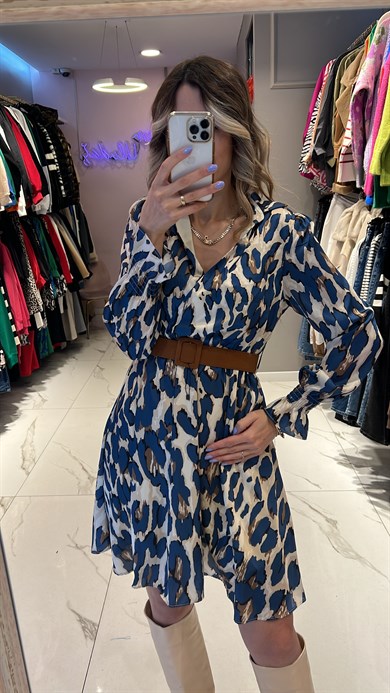 Mavi Şifon Kemerli Elbise