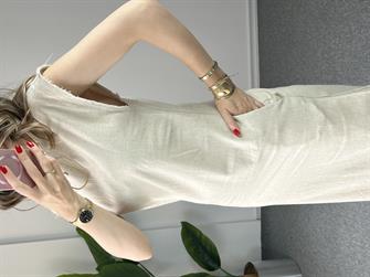 Naturel Keten Midi Boy Elbise