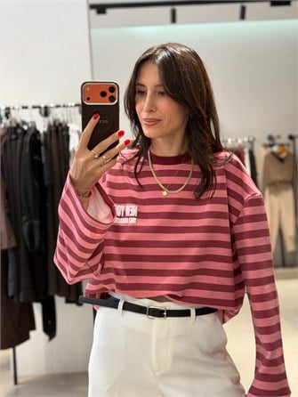 New York Çizgili Sweat PEMBE
