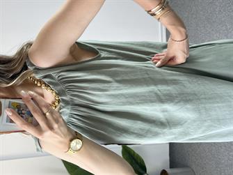 Omzu Bağlamalı Tensel Çağla Elbise