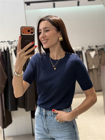 Omzu Zımbalı Kısa Kollu Triko LACİVERT 