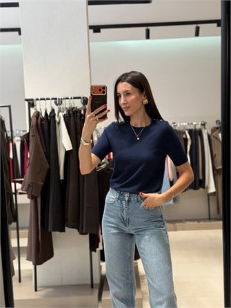 Omzu Zımbalı Kısa Kollu Triko LACİVERT 