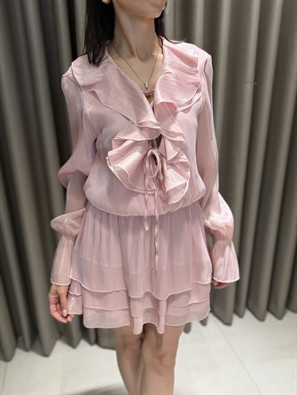 Önü Bağlamalı Şİfon Mini Elbise PEMBE