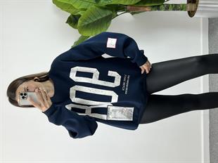 Owersize Baskılı Lacivert Sweat 