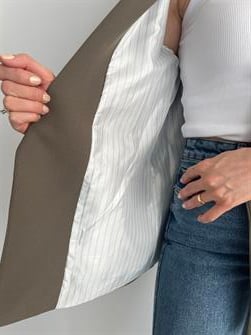 Owersize Çizgili Astarlı Haki Blazer Ceket