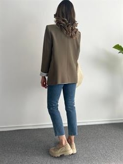 Owersize Çizgili Astarlı Haki Blazer Ceket