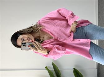 Pembe Düşük Omuz Tensel Gömlek