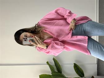 Pembe Düşük Omuz Tensel Gömlek