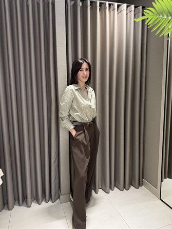 PİLE DETAY KEMERLİ PALAZZO PANTOLON KAHVE