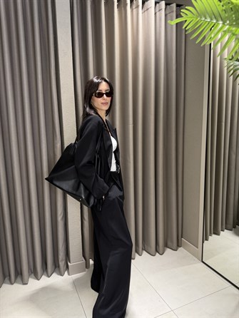 PİLE DETAY KEMERLİ PALAZZO PANTOLON  SİYAH