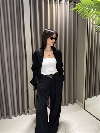 PİLE DETAY KEMERLİ PALAZZO PANTOLON  SİYAH