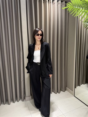 PİLE DETAY KEMERLİ PALAZZO PANTOLON  SİYAH