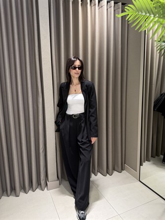 PİLE DETAY KEMERLİ PALAZZO PANTOLON  SİYAH