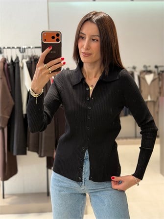 Polo Yaka Düğmeli Triko SİYAH