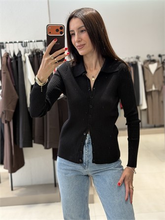 Polo Yaka Düğmeli Triko SİYAH