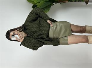 Saç Örgülü Fermuarlı Haki Kazak