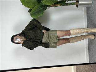 Saç Örgülü Fermuarlı Haki Kazak