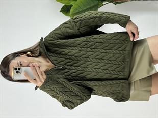 Saç Örgülü Fermuarlı Haki Kazak