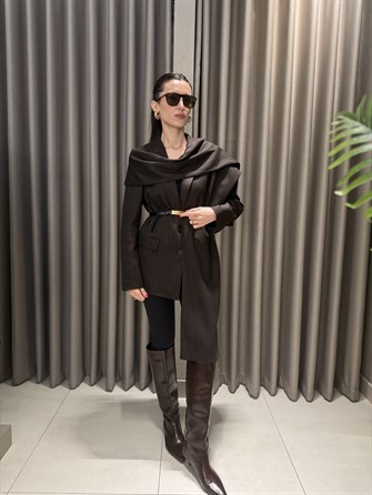 ŞAL DETAY ÇİZGİLİ BLAZER CEKET KAHVE