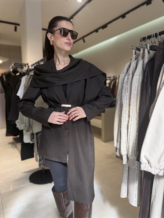 ŞAL DETAY ÇİZGİLİ BLAZER CEKET KAHVE