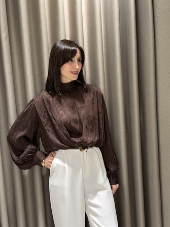 Saten Desenli Bluz KAHVE