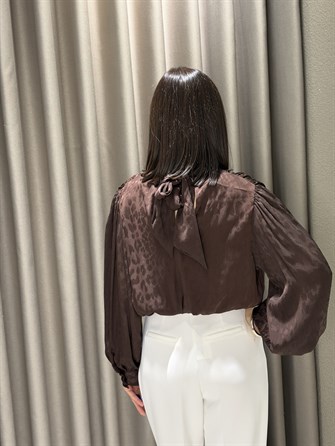 Saten Desenli Bluz KAHVE