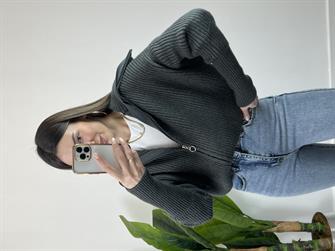 Selanik Örgü Geniş Yaka Füme Hırka