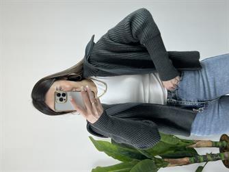 Selanik Örgü Geniş Yaka Füme Hırka