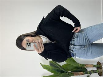 Selanik Örgü Geniş Yaka Siyah Hırka