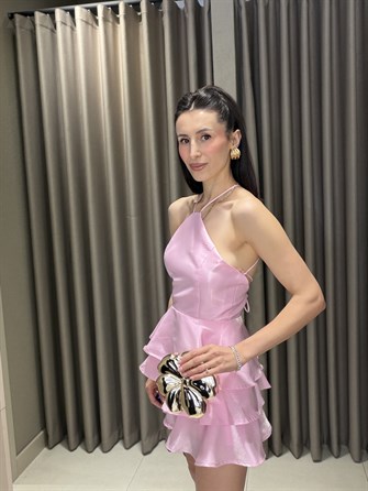 Sırt Bağlamalı Volan Mini Elbise PEMBE