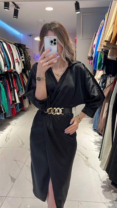 Siyah Saten Kemerli Elbise